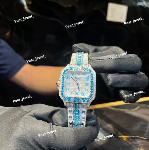 Iced Out Blue Stone Square VVS Moissanite Roman Dial Luxury Watch