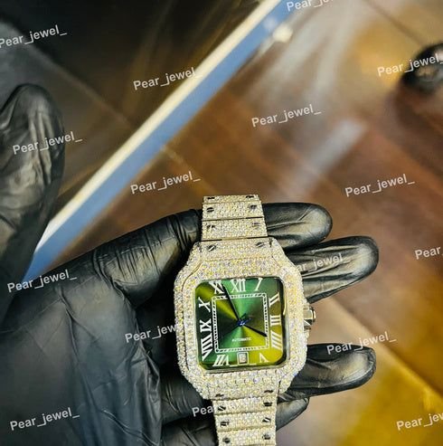 Iced Out Roman Dial Moissanite Automatic Day Date Watch