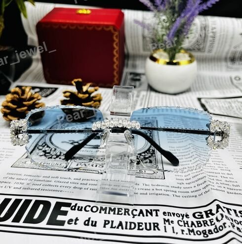 Iced Out Silver Rimless Moissanite Diamond Blue Sunglasses