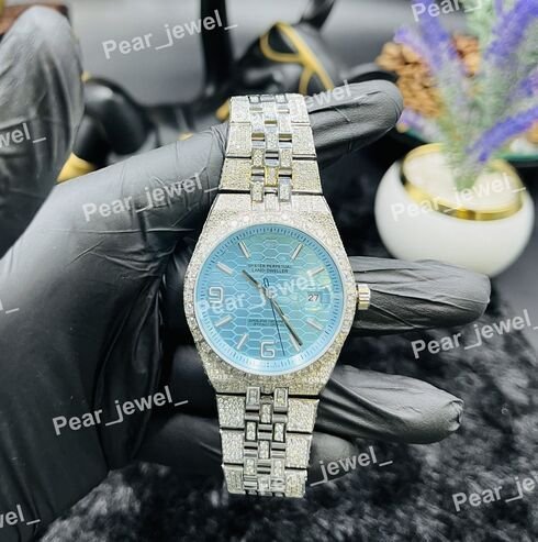 Iced Out Sky Blue Moissanite Automatic Luxury Wrist Watch