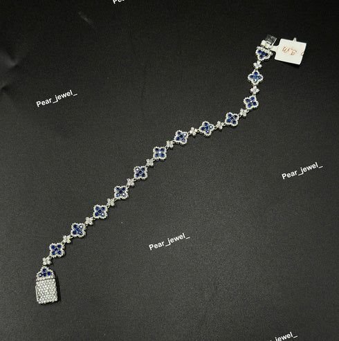 Premium Dark Blue Clover VVS Moissanite 925 Silver Bracelet