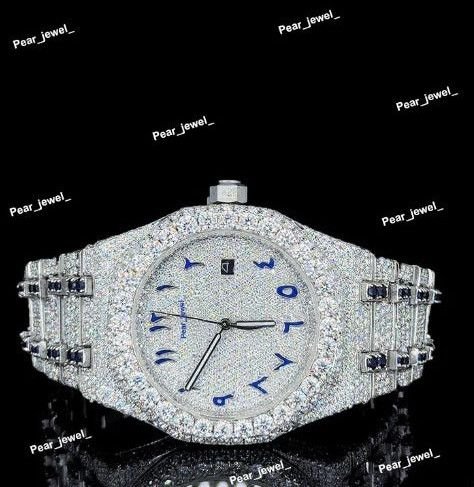 Stainless Steel Iced Out Blue Arabic Dial VVS Moissanite Luxury Watch