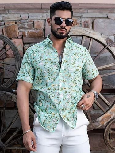 Mens Botanical Print Half Sleeve Cotton Casual Shirt