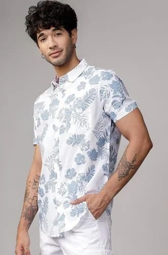 Mens Floral Print Polo Collar Half Sleeve Casual Shirt