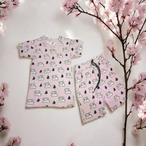 Casual Wear Kids Hosiery Cotton Light Pink Printed Co-ord Set