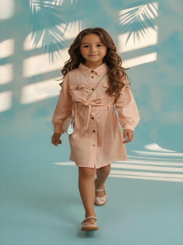 Girls Peach One Piece Tunic Frock with Purse and Belt