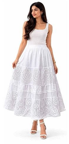 Ladies White Cotton Cambric Embroidered Long Skirt