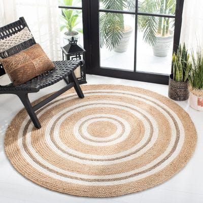 White Striped Round Handmade Jute Rug