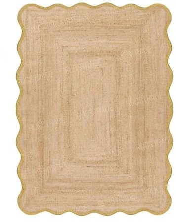 Yellow Trim Wavy Rectangle Handmade Jute Rug