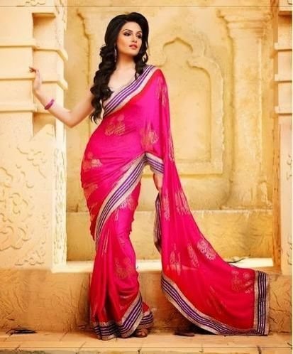 Ladies Pink Printed Border Saree