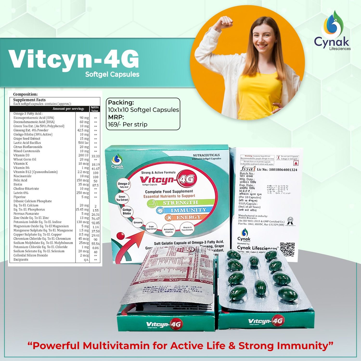 Vitcyn 4G Omega 3 Ginseng Green Tea Ginkgo Biloba,Grape Seed Multivitamin Multimineral Capsules