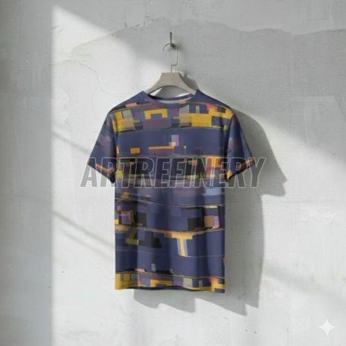 Mens Navy Blue Gold Pixelated Stripe Cotton T-Shirt