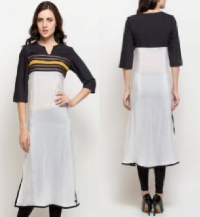 Long Kurti With Black Yoke And Lace Work