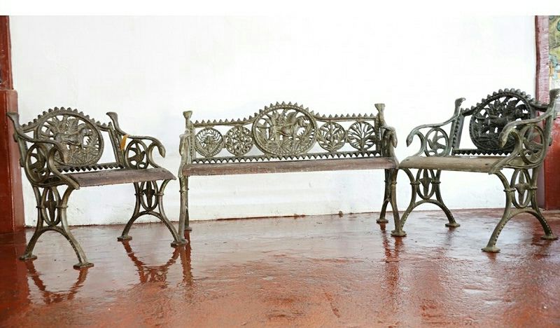 Ornate Motif Cast Metal Bench Trio