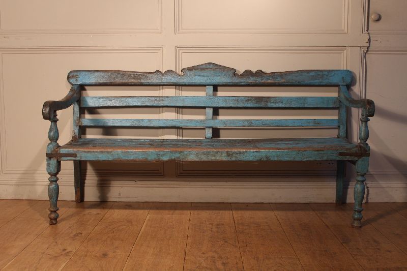 Distressed Blue Slat Backrest Bench