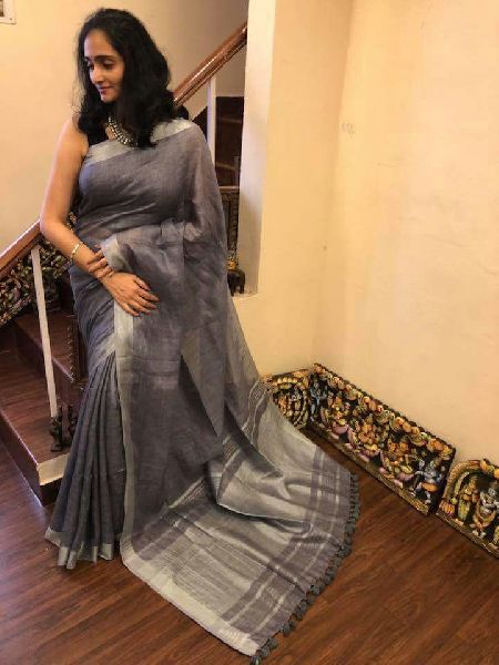 Linen Saree With Silver Zari Border 04