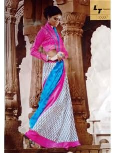 35007 Pink Blue & White Bhagalpuri Saree