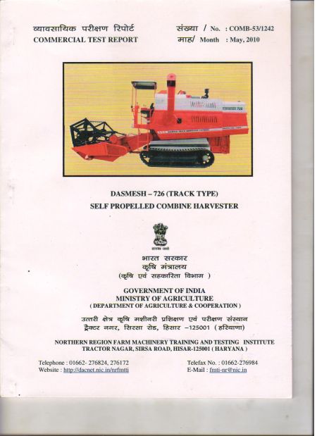 Test Report Track Combine Harvester (726) (Tested by Govt. of India Ministry of Agriculture)