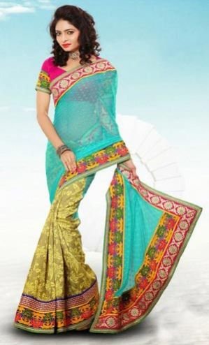Chiffon Cyan Blue & Beige Saree