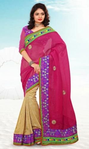 Jute Silk Fuchsia & Beige Saree