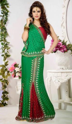 Satin Green & Red Saree