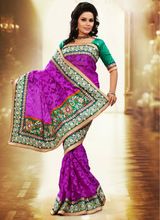 Purple Net, Jacquard Partywear Indian Embroidered Saree