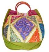 CANE HANDLE ETHNIC CANVAS SHOULDER BAG