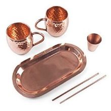 Copper Mugs Straws Shot Glass and Copper Tray
