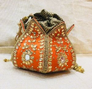 Lotus Kundan Handwork Hard Base Potli Bag