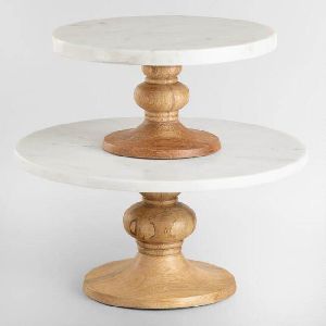 white marble top wooden base cake stand