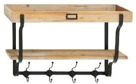 Metal and Wood Multi-Hook Wall Shelf