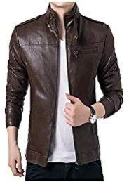 SID Mens Long Chestnut Brown Lambskin Leather Jacket, Biker Jacket