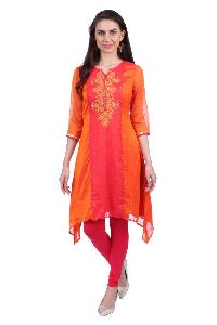 Shwetambara Poly Georgette Embroidered Orange Kurti