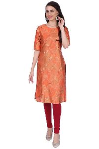 Shwetambara Milky Silk Gold Printed Straight Orange Kurti