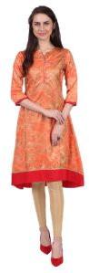 Shwetambara Milky Silk Gold Printed A Line Orange Kurti