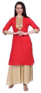 Shwetambara Silk Sraight Embroidered Red Kurti