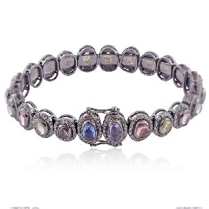 Single Line Pave Diamond Multi Sapphire Gemstone Handmade Bangle