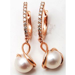 pearl dangling designer diamond hoops 18 k rose gold earrings