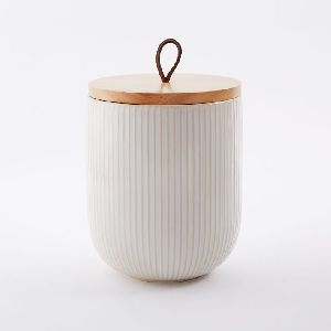 White tin box for tea with wooden Lid