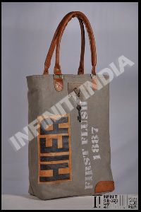 PRINTED CANVAS LEATHER PATCH WORK TOTE BAG