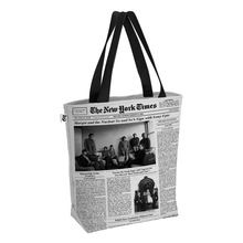 newspaper printed black handle canvas bag