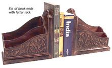Wood carving bookends with letter rack