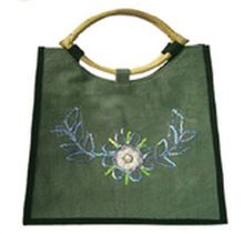CANE HANDLE EMBROIDERY JUTE SHOPPING BAG