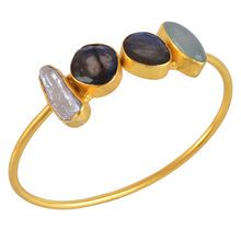 Labradorite, Onyx and Biwa Pearl Gold Plated Brass Bangle Bracelet