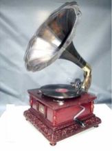 Craved Gramophone with Antique Brass Horn,