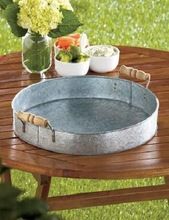 GALVANIZED ROUND TRAY WITH WOOD HANDLE