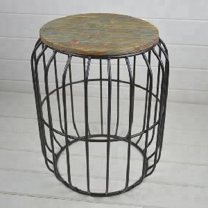 stool with Antique wooden top metal Black wire side table