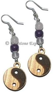 Gemstone Ying Yang Wooden With Stone Earrings