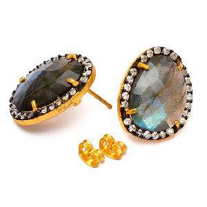 Oval Briolette Labradorite CZ Gemstone Stud Earrings