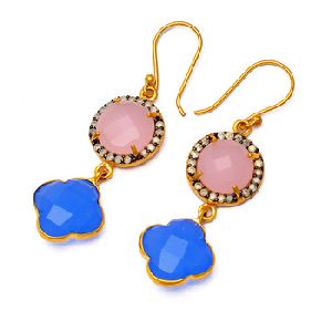 Rose Blue Chalcedony CZ Gemstone Dangle Earrings